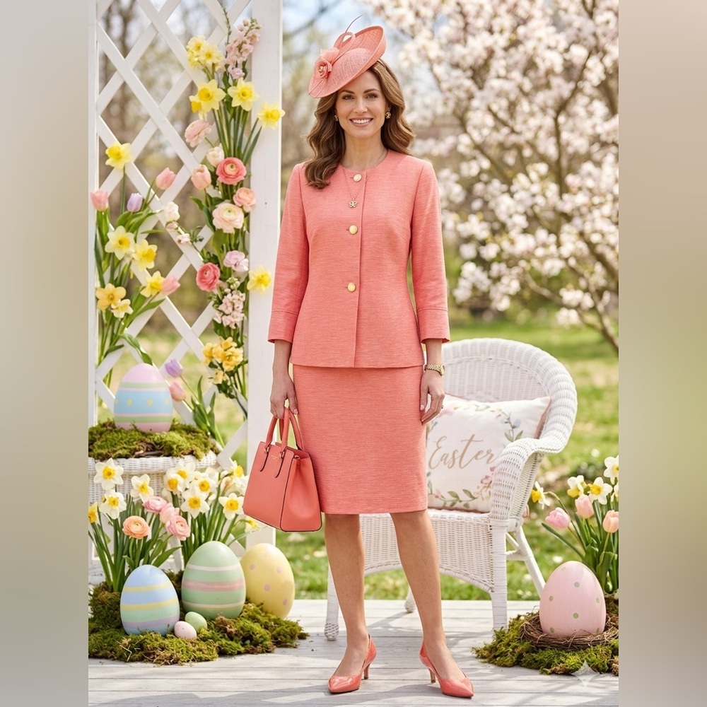 Women's Coral Pencil Skirt Two-Piece Suit - Elegant Spring Ensemble